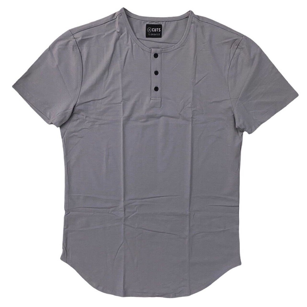 Cuts Clothing Men's Elongated Hem Henley 4 Way Stretch Tee T-Shirt - Gray